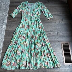 Sunday Mi Amor Cottage Core Boho Prairie Floral Aqua Floral Maxi Dress Sz S